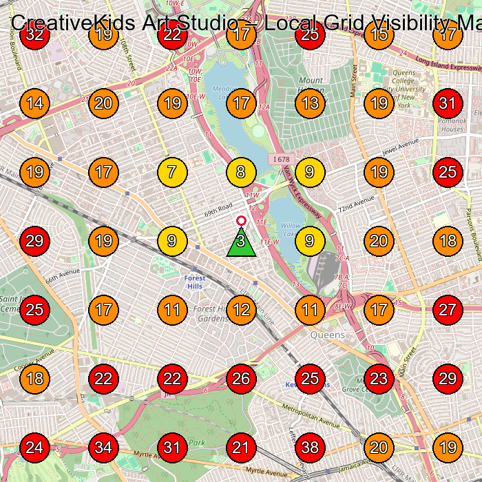 CreativeKids Art Studio GeoGrid visibility map for Art Studio in Elmhurst
